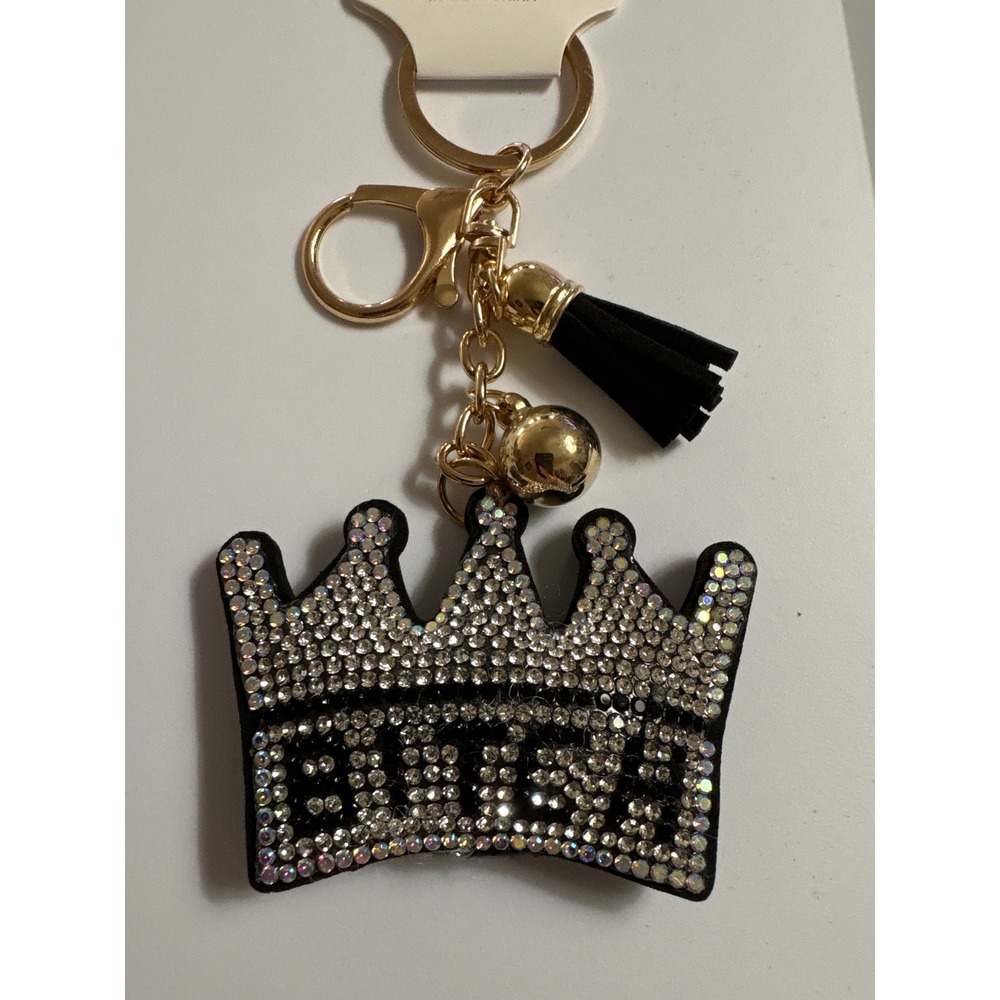 Queen Crown Rhinestone Keychain Black Tassel Gold Tone Bell Bag Charm Accessory